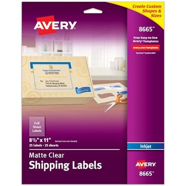 Avery Full Sheet Printable Shipping Labels, 8.5" x 11", Matte Clear, Inkjet, Create Custom Labels Using Scissors or Electronic Cutting Machines, 25 Total ,8665