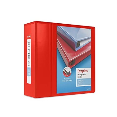 Staples Heavy-Duty 5-Inch D-Ring View Binder, Red, 1,000 Sheets