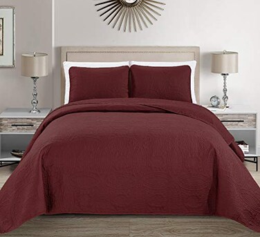 MK Home Mk Collection Solid Embossed Bedspread Bed Cover Over Size ,Burdy, King/California King