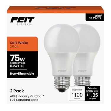 Feit Electric LED Light Bulbs - A19 75W Equivalent, 80 CRI - 2700K, 2 Pack