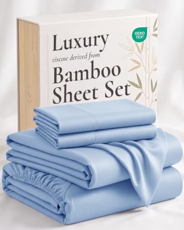 Hotel Sheets Direct 4 Piece Bed Sheet Set King Size, 100% Viscose Derived from Bamboo Sheets Set with 2 Pillowcases, CoolingBreathable Luxury Bedding, Moisture-WickingSilky Soft, Light Blue