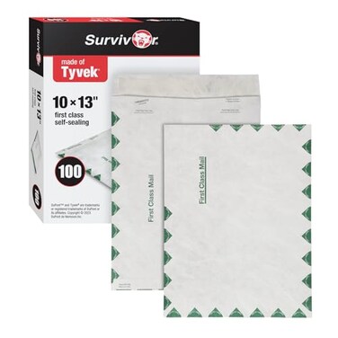 Quality Park Tyvek Envelopes, 100 Pack, Large 10 x 13 Envelopes, First Class Border, Easy-to-Open Tamper Evident Pull Strip, Rip, PunctureWater Resistant Self Sealing Mailing Envelopes, White
