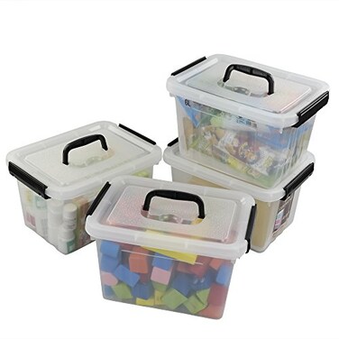 Ggbin 6 Quart Clear Latch Storage Box with Black Handle and Latch - 4 Pack