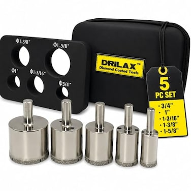 Drilax 5-Pc Diamond Hole Saw Set with GuidePU Casefor Glass, Tile, GraniteCountertopsIncludes 3/4", 1", 1-3/16", 1-3/8", 1-5/8" Bits