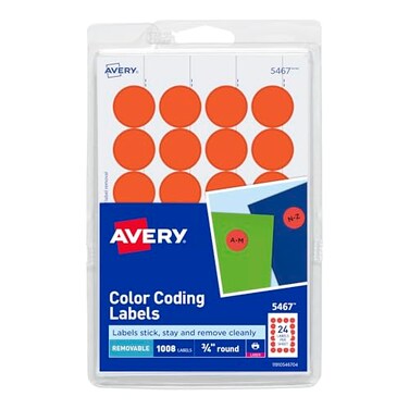 AveryPrint/Write Adhesive Removable Labels, 0.75 Inch Diameter, Red - Orange Neon, 1008 per Pack ,5467