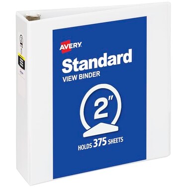 AveryStandard View 3 Ring Binder, 2" Round Rings, 1 White Binder