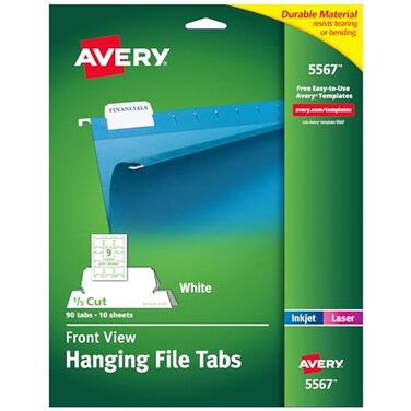AveryPrintable Hanging File Folder Tabs, 1/5 Cut, White, 90 Total ,5567