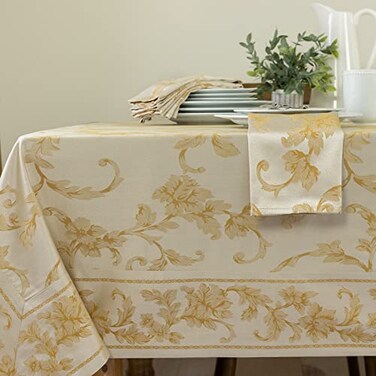 Benson Mills Harmony Scroll Woven Damask Fabric Tablecloth, Everyday, Parties, Special Occasions, Weddings and Holiday Table Cloth ,60" X 120" Rectangular, Silver“ Gold