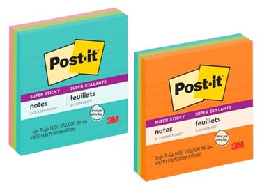 Post-it Super Sticky Notes, 4 x 4 in, Assorted Brights, 3 Lined Pads