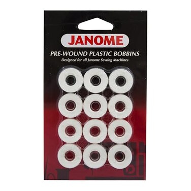 Janome 12 Pack Pre-Wound Plastic Bobbins Thread 80 Yards Polyester ,White