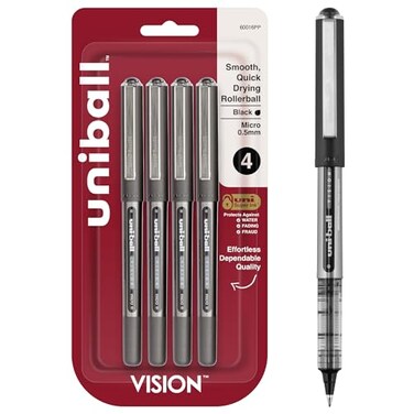Uni-Ball uniball Vision Rollerball Pens, Micro Point ,0.5mm, Black, 4 Pack