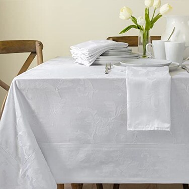 Benson Mills Harmony Scroll Woven Damask Fabric Tablecloth, Everyday, Parties, Special Occasions, Weddings and Holiday Table Cloth ,60" X 84" Rectangular, White
