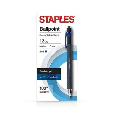 Staples Postscript Retractable Ballpoint Pens, Medium 1.0mm, Blue, 12-Pk