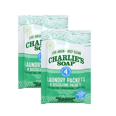 Charlie's Soap - Unscented Laundry Packets - Travel Size 2 Pack, 8 Loads