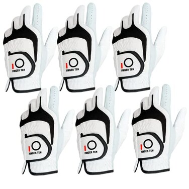 FINGER TEN Mens Golf Gloves Leather Palm Value 6 Pack ,White, Medium, Left
