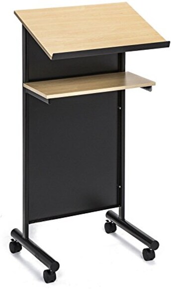 Audio-Visual Direct Wheeled Lectern - Standing Desk with Storage Shelf - Beech/Black - Ideal for Presentations and Laptop Use