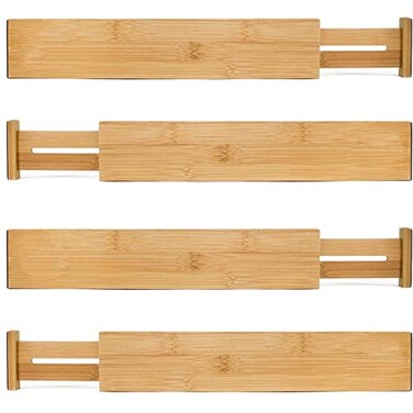 MEKBOK 4-pack Bamboo Kitchen Drawer Divider, Adjustable Drawer Storage, Spring loaded, Suitable for kitchens, Dressing tables, Bathrooms, bedrooms, Drawers, Desks