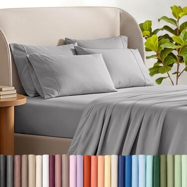 Bare Home Sheet Set 1800 Ultra-Soft with 4 Pillowcases ,Queen, Light Grey