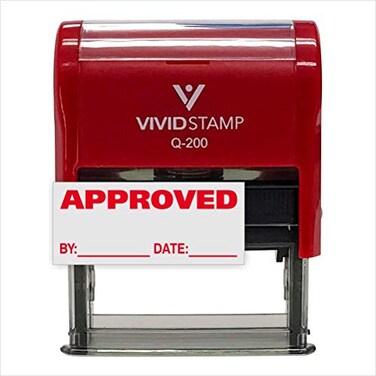 Vivid Stamp Approved w/by Date Line Self-Inking Office Rubber Stamp ,Red- Medium