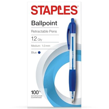 Staples Retractable Ballpoint Pens, Medium 1.0mm, Blue Ink, 12-Pk
