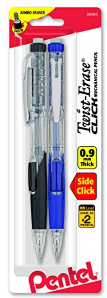Pentel Twist-Erase CLICK Mechanical Pencil, 0.9mm CLEAR Barrel, 2 Pack ,PD279TBP2M