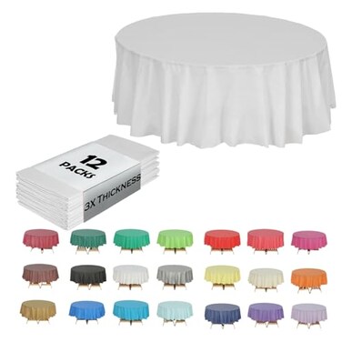 Evershine 3X Thicker Heavy Duty Plastic Table Covers Round Tablecloth, Disposable Tablecloth 12 Pack Round 84" White