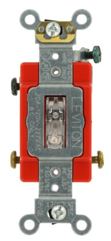 Leviton 20-Amp, 120-Volt, Toggle Lighted Handle, Illuminated Off 3-Way AC Quiet Switch, Extra Heavy Duty Grade, Self Grounding, Back and Side Wired, 1223-LHC, Clear