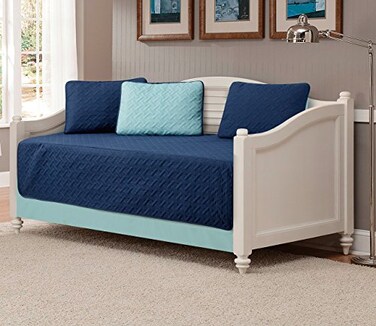 MK Home Mk Collection 5pc Modern Bedspread DayBed Solid Embossed New ,Navy Blue/Light Blue
