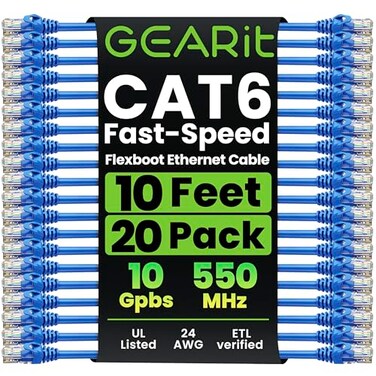 GEARit 20-Pack Cat6 Patch Cable 10 Feet Cat 6 Ethernet Cable Snagless Flexible Soft Tab - Premium Series - Blue
