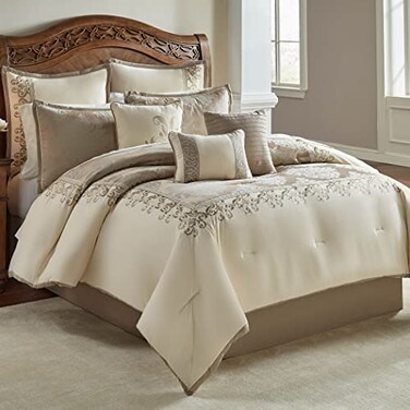 Riverbrook Home 100% Polyester Comforter Set, Queen, Hillcrest - Ivory/Gold, 9 Piece Set