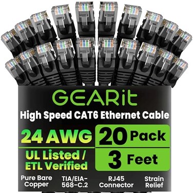 GEARit Cat6 Patch Cables Cat 6 Ethernet Cable 3 ft 20-Pack Black