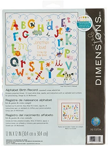 Dimensions Alphabet Birth Record Counted Cross Stitch Kit, 12 x 12, White, Pastels