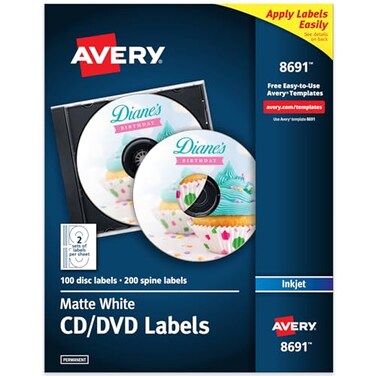 Avery Printable CD Labels, Matte White, Permanent Adhesive, Inkjet Printer Compatible, 100 Disc200 Spine Labels, Ideal for CDs, DVDs, PC Discs, Media ProjectsMore ,8691