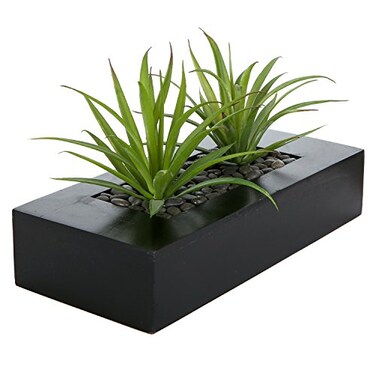 MyGift 10 Inch Fake Green Grass Plant in Rectangular Black Wood Planter