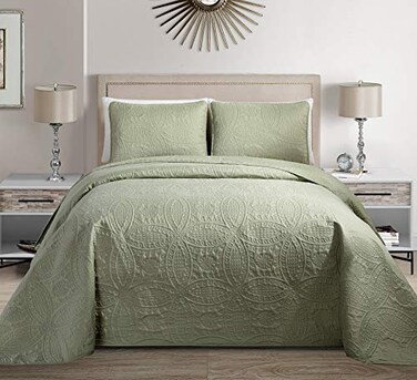 MK Home Mk Collection Solid Embossed Bedspread Bed Cover Over Size ,Light Green, King/California King