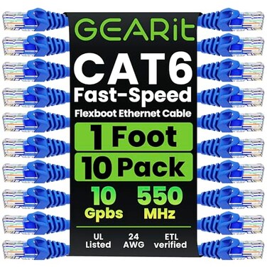 GEARit Cat 6 Ethernet Patch Cable 1 ft Blue ,10 Pack- Cat6 Patch Cables 1 ft Blue/Ethernet Patch Cable, 10Gbps 24AWG Pure Copper, Snagless RJ45 for Router, Switch, PC, PS5, Server
