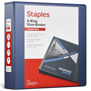 Staples Standard 2-Inch D-Ring View Binder, Blue, 450 Sheets