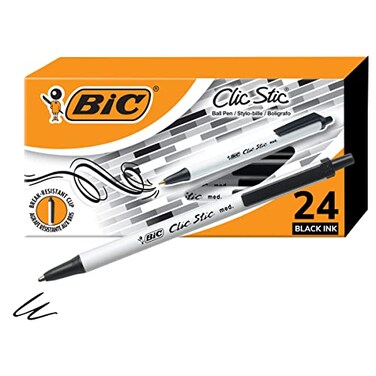 BIC Clic Stic Black Retractable Ballpoint Pens, Medium Point, 24-Count