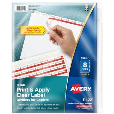 Avery Index Maker Clear Label Dividers, 8-Tab, White, 5 Sets