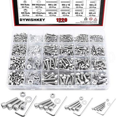 DYWISHKEY 1220 PCS M2 M3 M4 M5, 304 Stainless Steel Hex Socket Head Cap Bolts Screws Nuts Washers Assortment Kit with Hex Wrenches