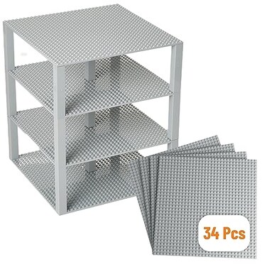 Strictly Briks Baseplate Set - Compatible with Lego, 10 x 10 in 4 Baseplates with 30 Stackers, Stackable Baseplates Building Toy Blocks Custom Display Towers, Kids Gift, Light Grey