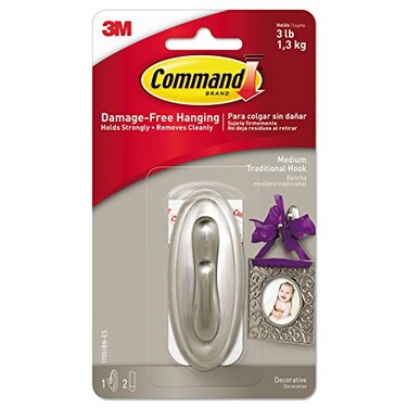 3M Command Medium Brushed Nickel Hooks, 1 Hook, 2 Strips