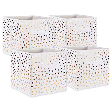 DII Woven Polyester Storage Bin, Polka Dot, WhiteGold, Small Set of 4