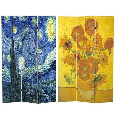 Red Lantern Double Sided Van Gogh Canvas Room Divider - Starry Night/Sunflowers, 6 Foot Tall, 3 Panel