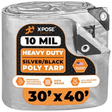 Xpose Safety Heavy Duty Poly Tarp - 30' x 40' - 10 Mil Thick Waterproof, UV Blocking Protective Cover - Reversible Silver and Black - Laminated Coating - Grommets - by