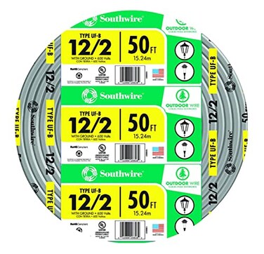 Southwire 12/2 UF B Wire with Ground, 50 ft, Gray Solid Copper Direct Burial Cable for OutdoorUnderground Use, 600V