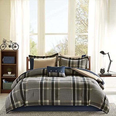 Intelligent Design Lightweight Plaid Navy Multi Full Comforter Set, 9pc