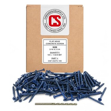 Chenango Supply Flat Head Concrete Screw Anchor ,3/16 x 2-3/4"100 Pieces with Drill Bit ,Miami-Dade Compliant
