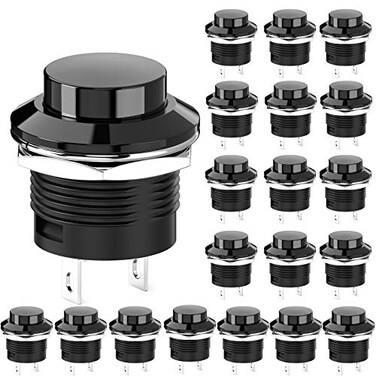 DIYhz Momentary Push Button Switch Mini No Lock Round Switch AC 250V / 3A AC 125V /6A Off-ON Balck Cap ,20 pcs