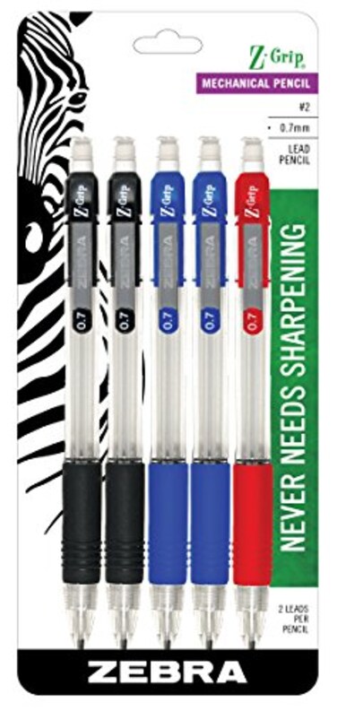 Zebra Pen Z-Grip Mechanical Pencil, 0.7mm2, Assorted Grip Barrels, 5-Pack